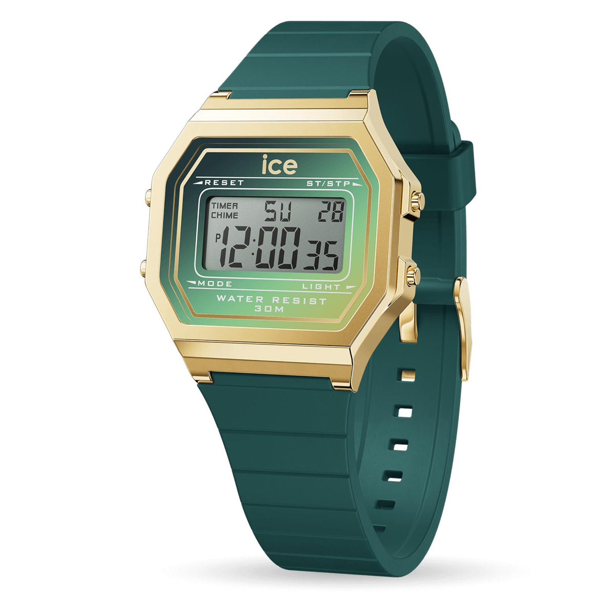 ICE digital small watch with green glow LCD, gold-tone case, teal rubber strap