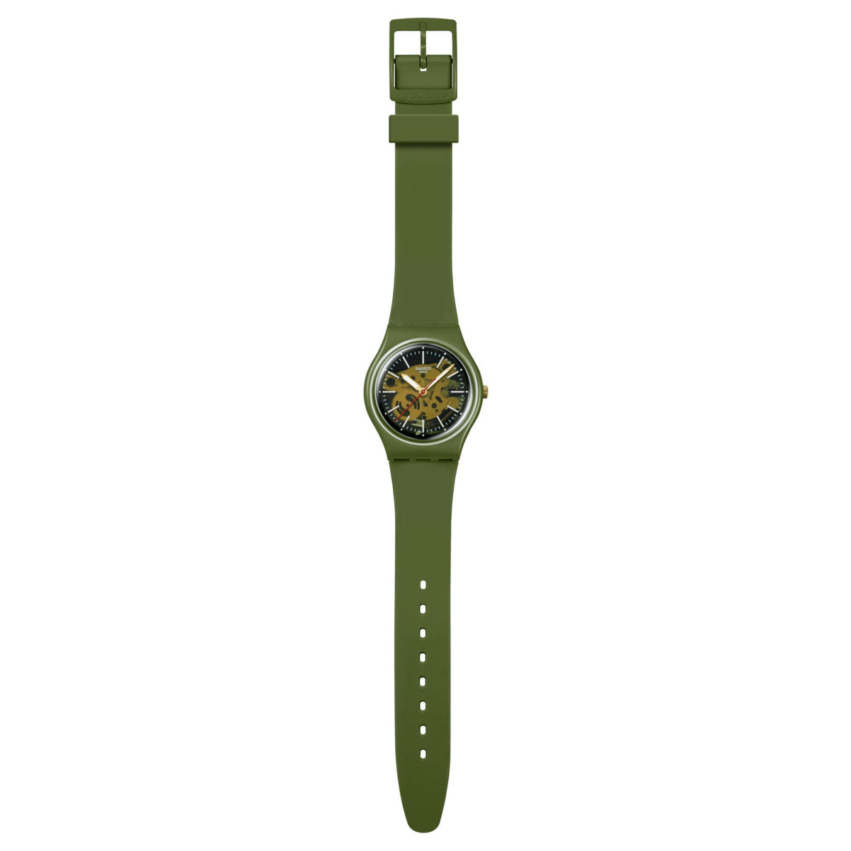 Men's quartz watch with green silicone strap and buckle, round camo dial