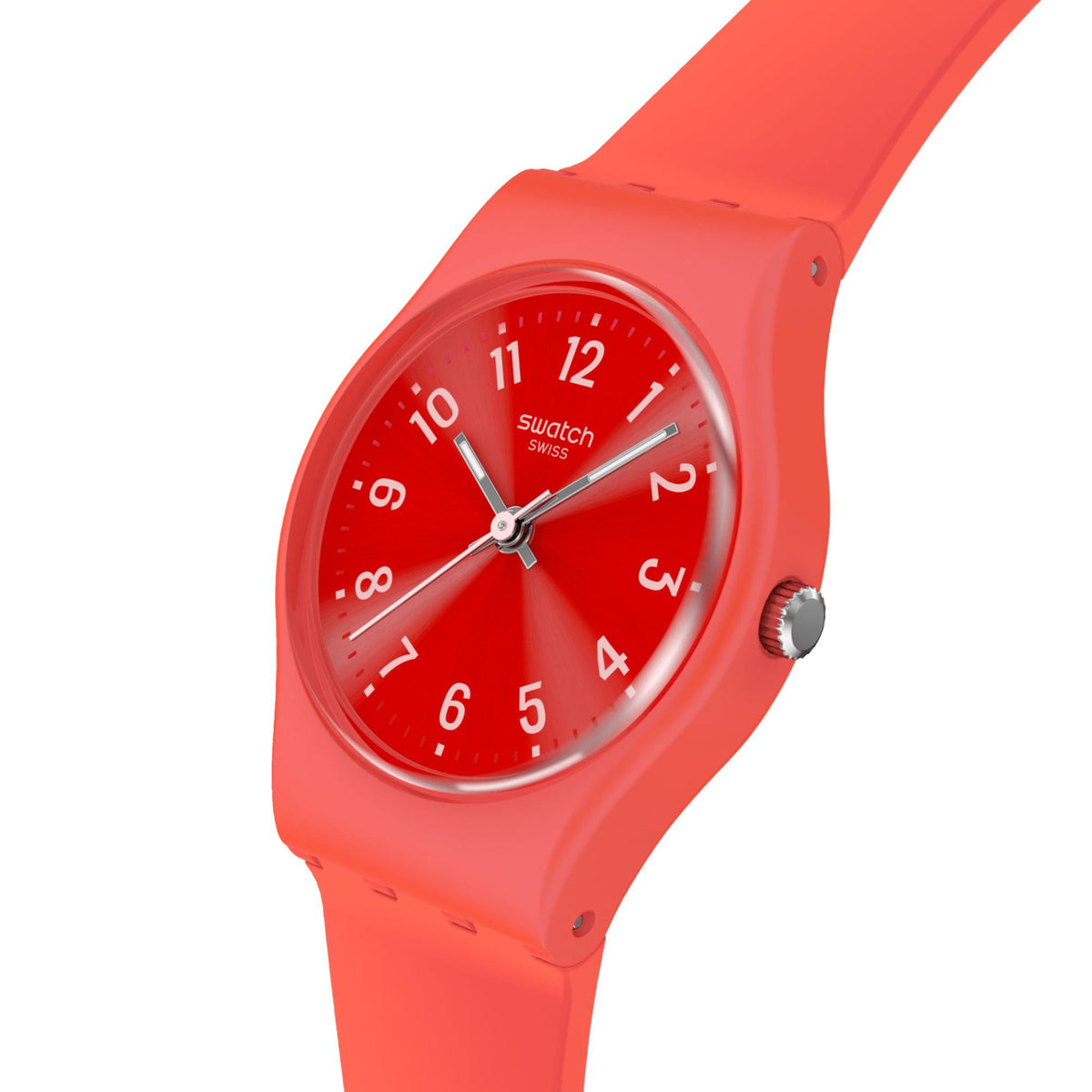 Coral red quartz watch angled view with red dial, numeral markers, and side crown