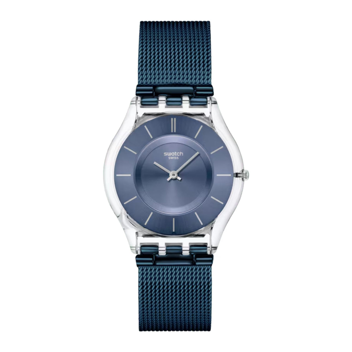 Men’s quartz wristwatch with blue dial and stainless steel case, dark blue mesh strap
