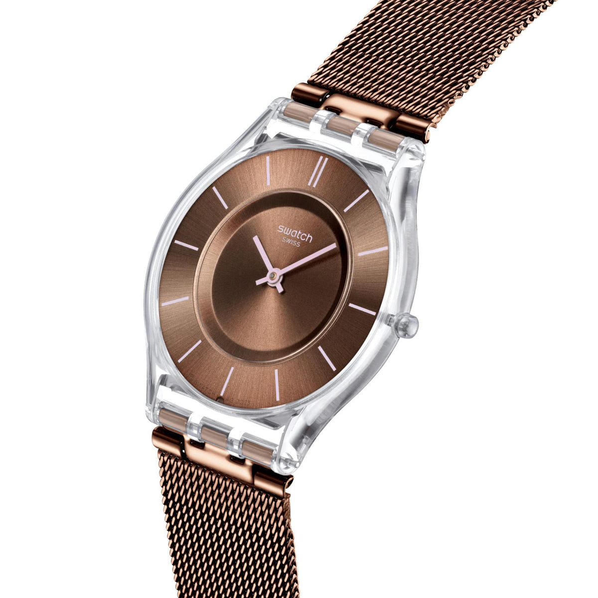 Men's quartz watch close-up: brown dial with Swatch logo, silver case, mesh strap