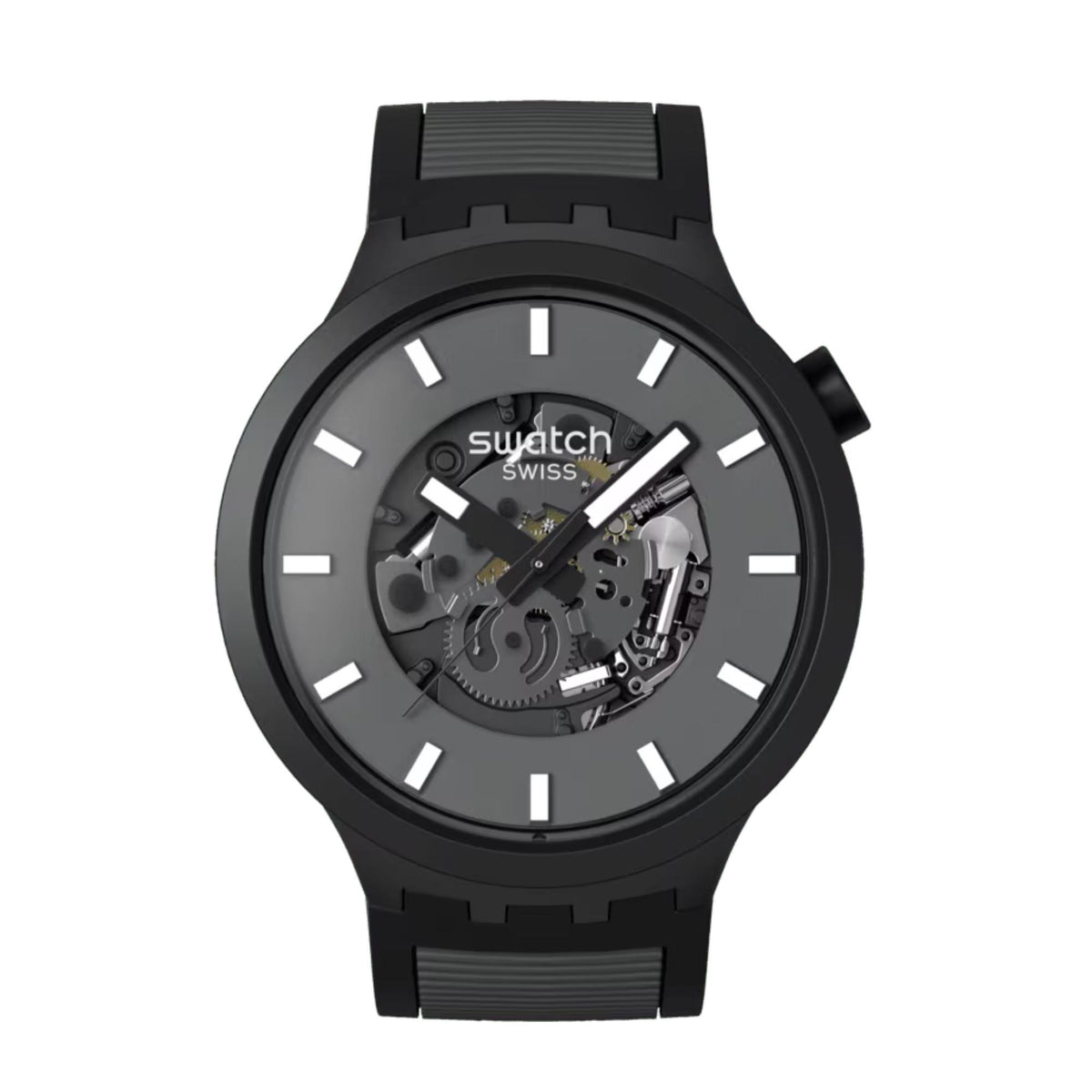 Men's black quartz watch with skeleton dial, baton markers, black rubber strap.