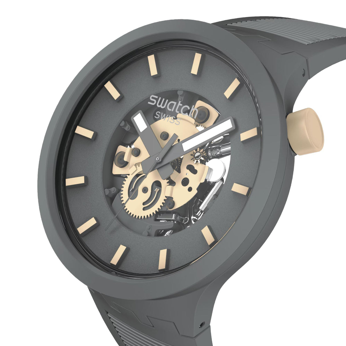 Swatch quartz watch dial close-up: blue-gray face with gold-tone skeleton hands and markers