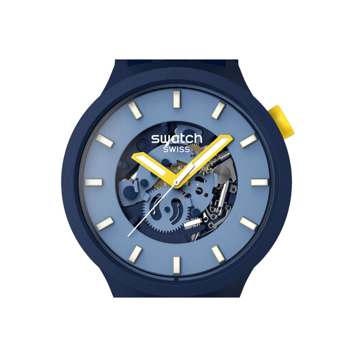 Dark blue silicone strap watch, light blue dial with exposed gear motif and yellow hands