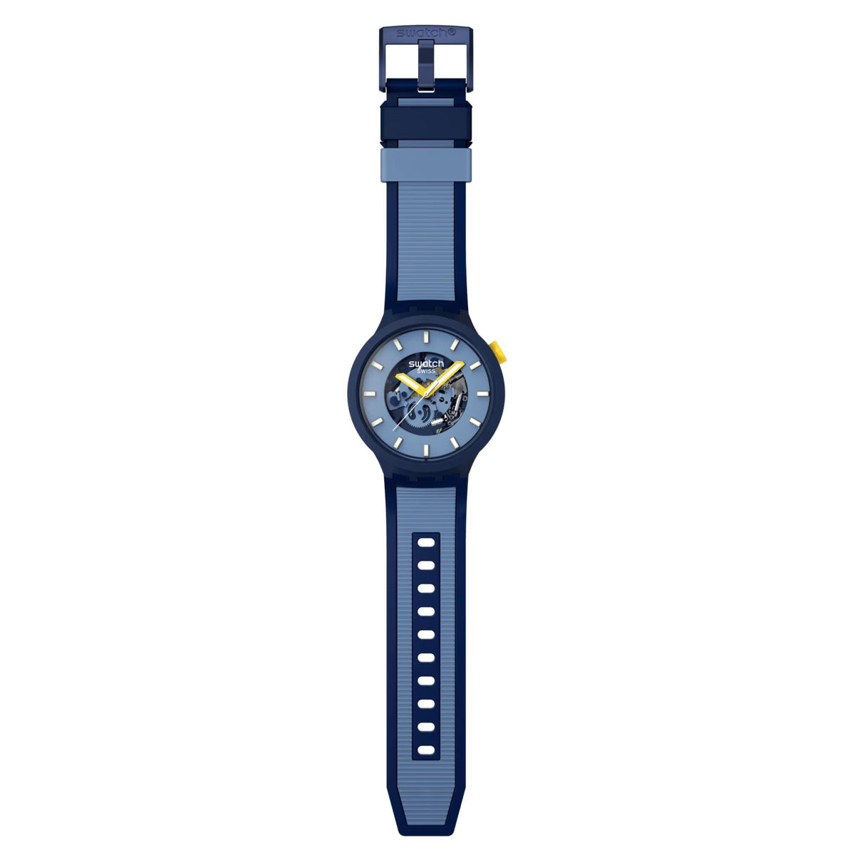 Dark blue silicone strap quartz watch with round case and light blue skeleton dial