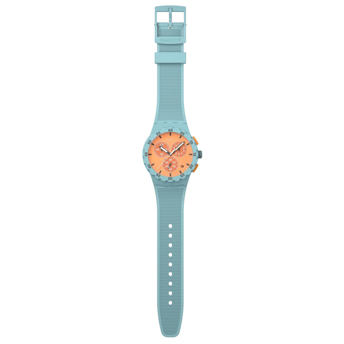 Silicone strap watch with orange dial and teal case, side view with buckle clasp