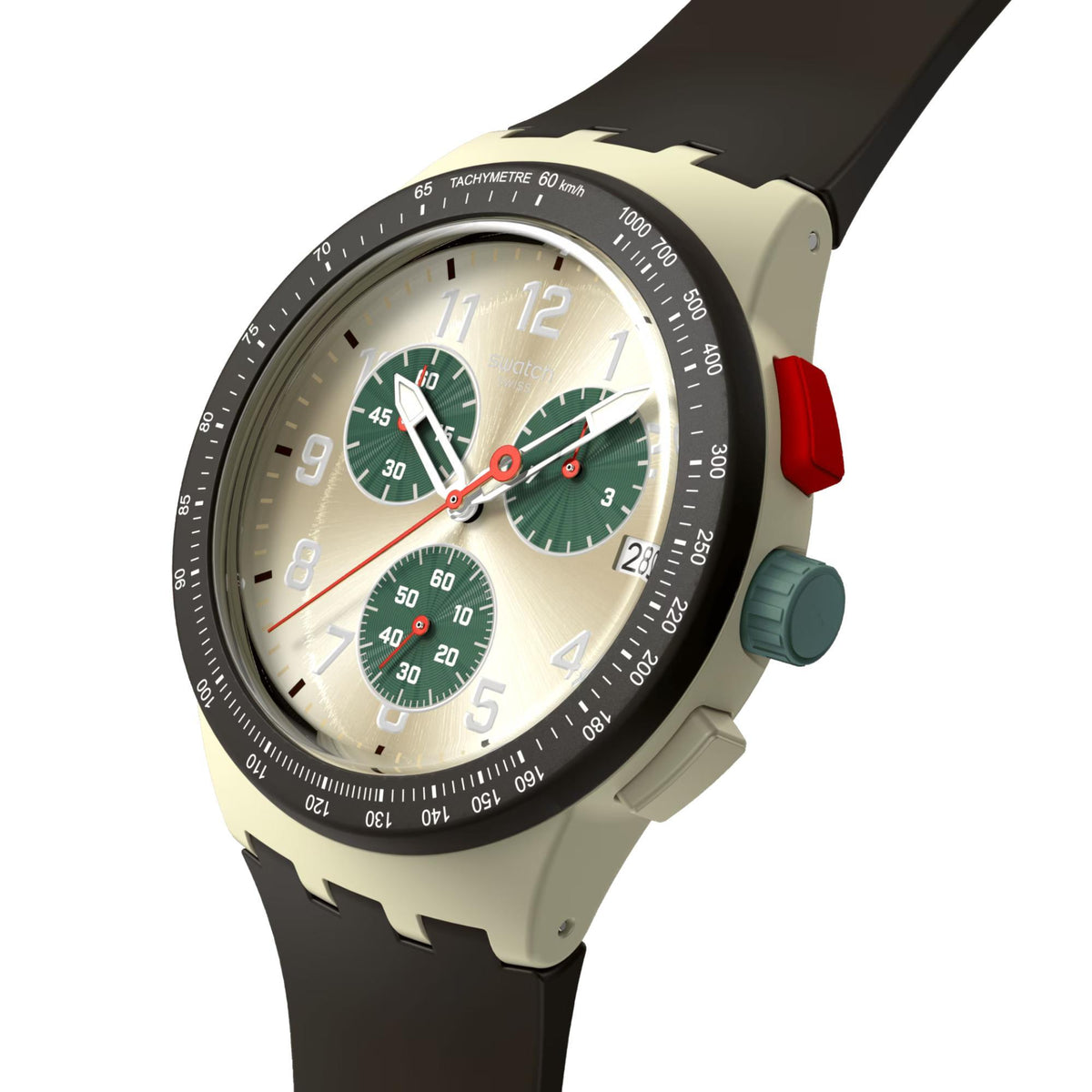 Quartz watch close-up with black bezel, multicolor dial, and red second hand