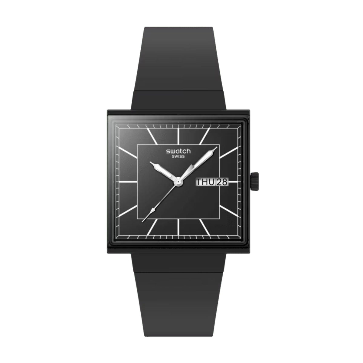 Men's square black quartz watch with black dial, silver hands, and black silicone strap