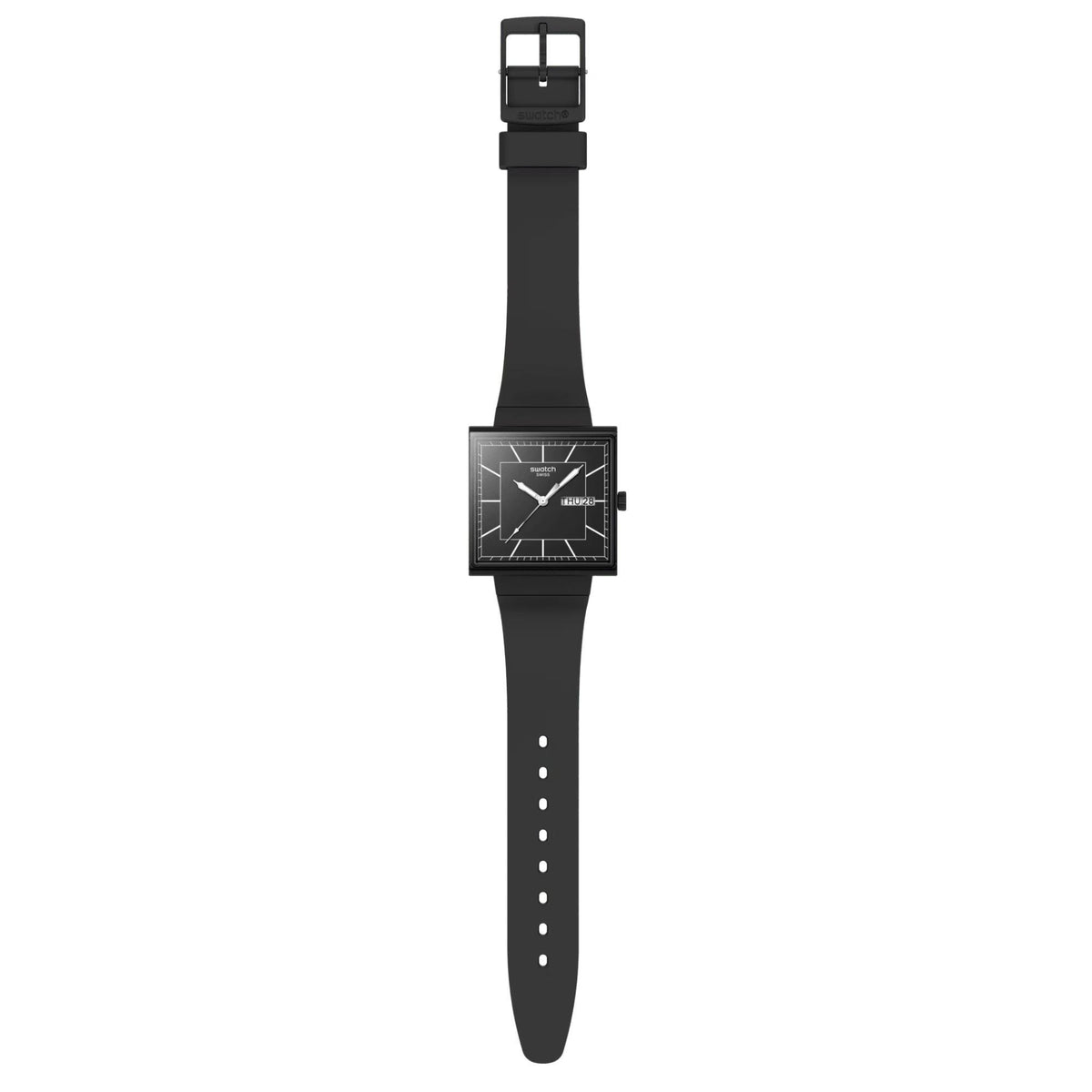 Men's square black quartz watch with black strap and buckle, black dial with analog hands