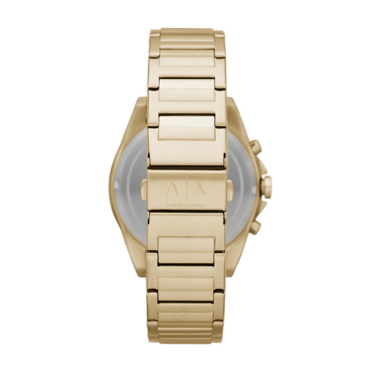 Gold-tone chronograph watch with white dial and steel bracelet, side view