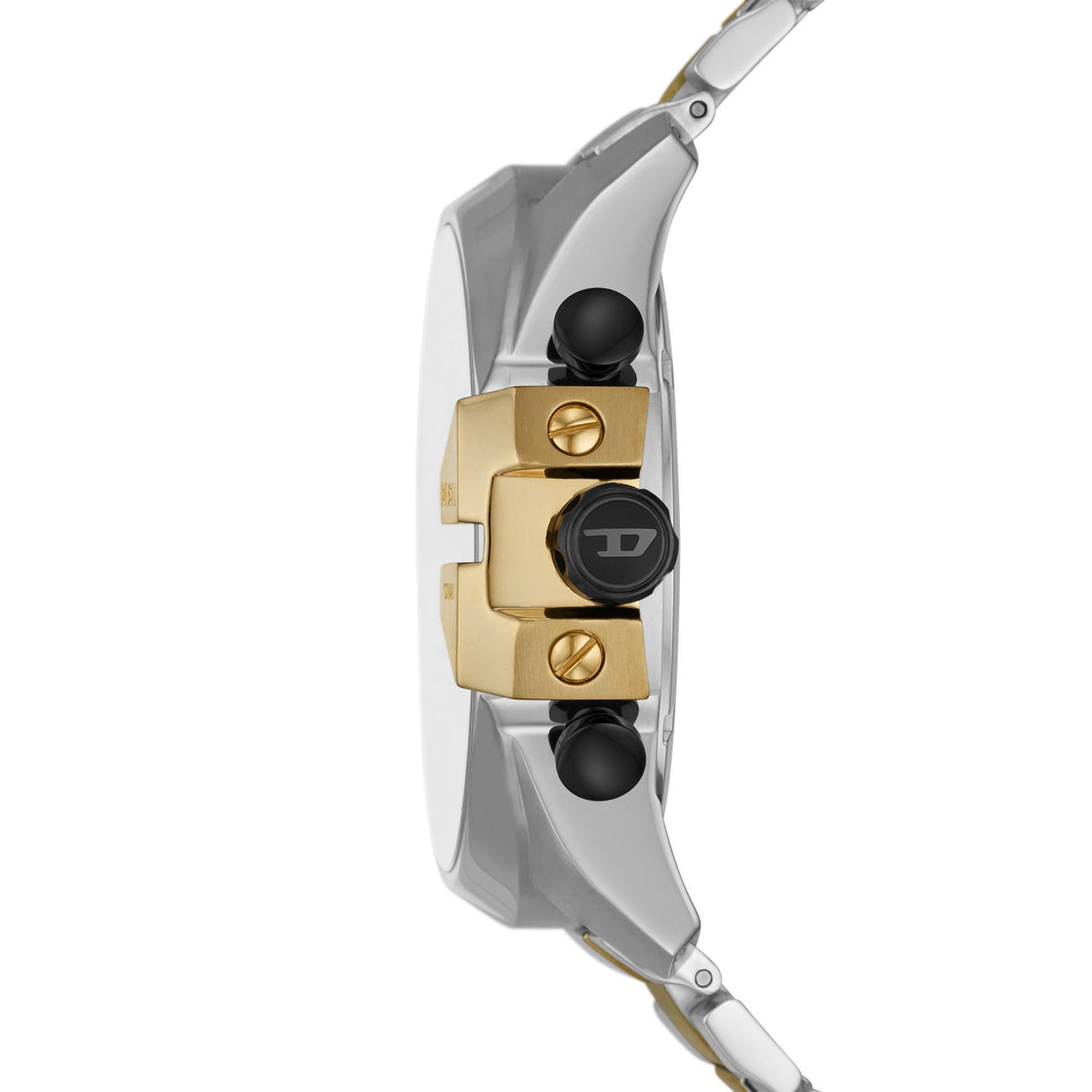 Men's chronograph watch case and crown detail, steel bracelet with gold accents