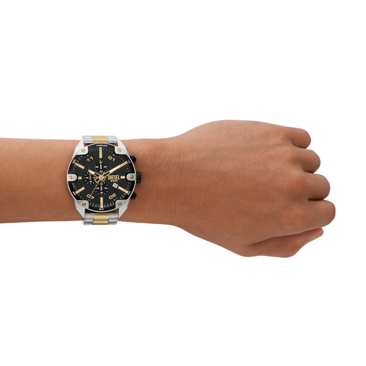 Men's Diesel chronograph watch with black dial, silver steel bracelet and gold accents