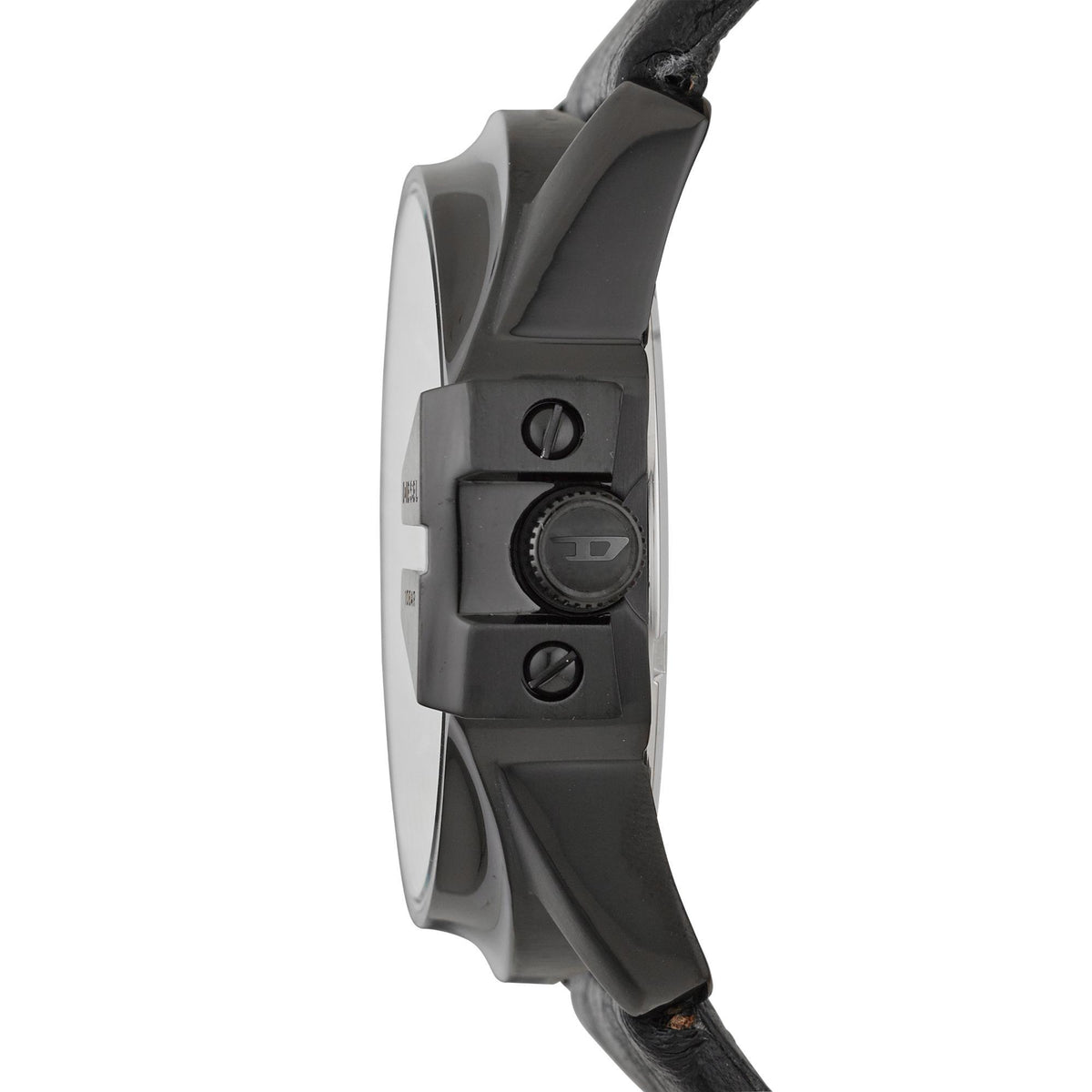 Quartz watch case side view with black leather strap and crown controls