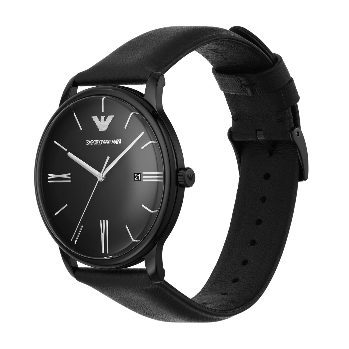 Men's black leather quartz wristwatch angled view with black dial and buckle strap