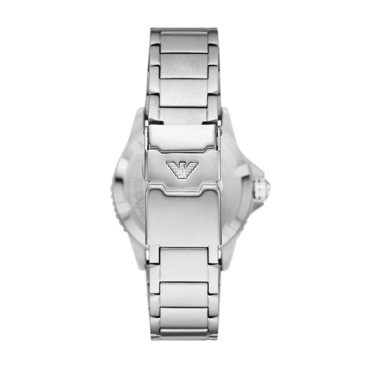 Stainless steel watch case back with engraved logo, metal link bracelet