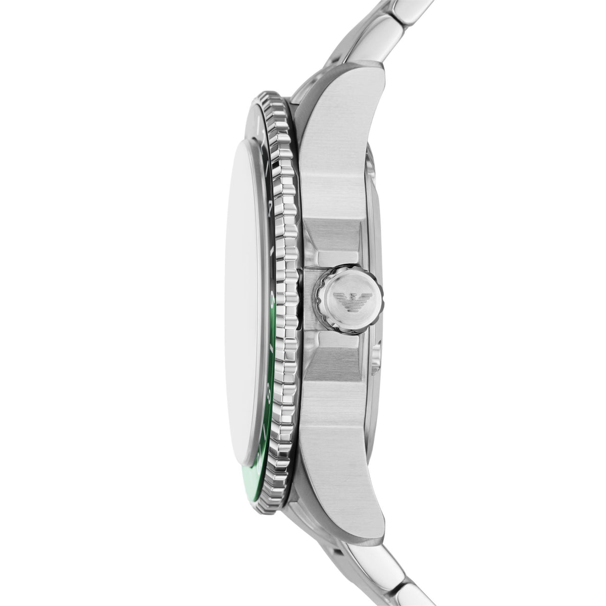 Stainless steel watch side profile with crown and pushers beside green bezel edge