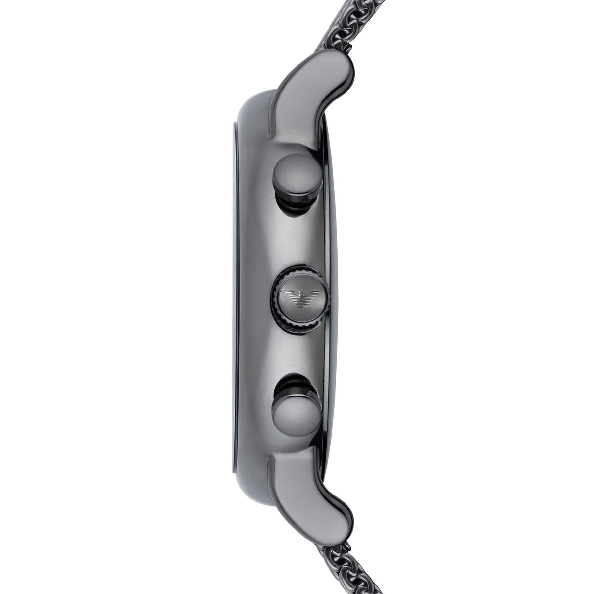 Steel chronograph watch case with crowns and pushers, side profile on metal bracelet