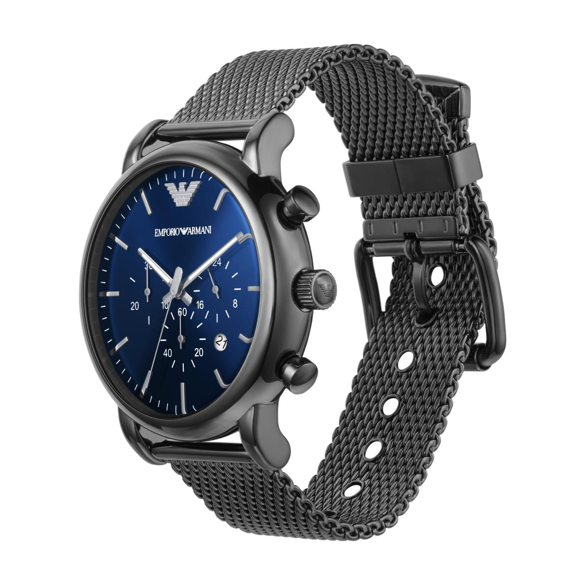 Steel chronograph watch with blue dial and mesh bracelet with chain detail, angled view