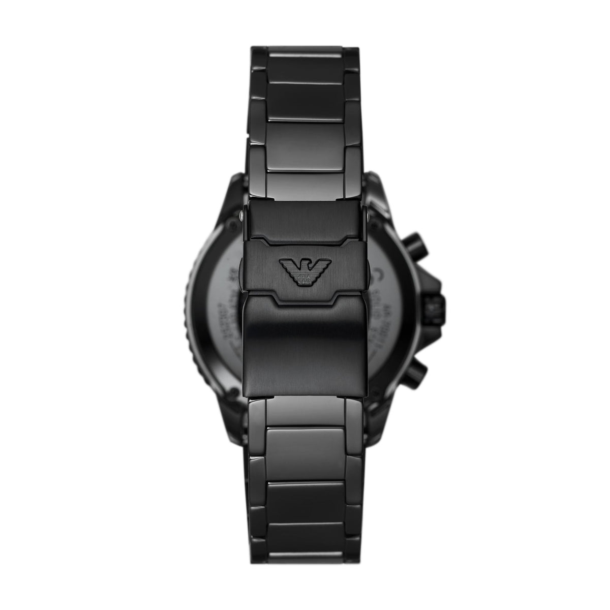 Men's black metal chronograph watch case with bracelet links and crown guards