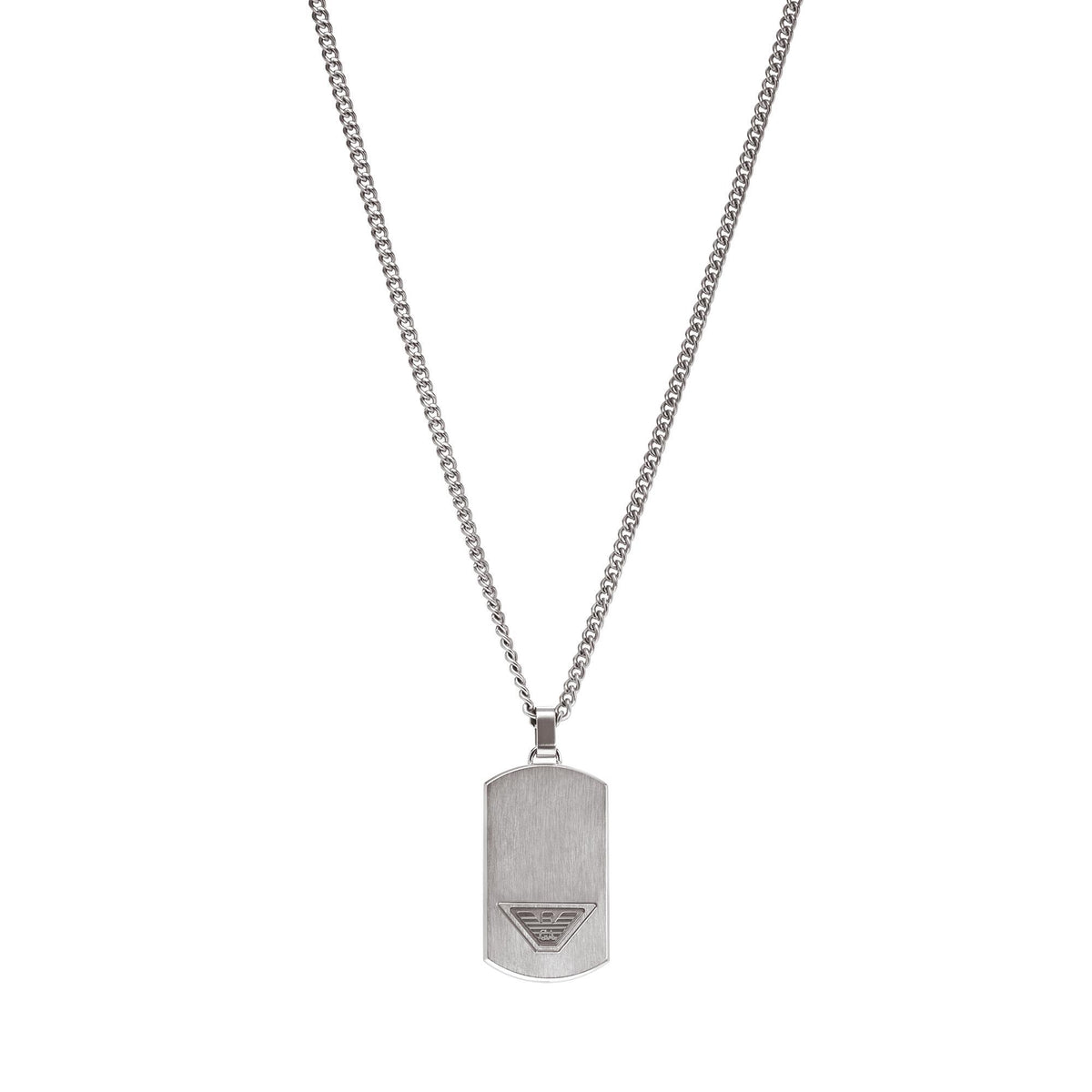 Stainless steel dog tag necklace with engraved logo on rectangular pendant