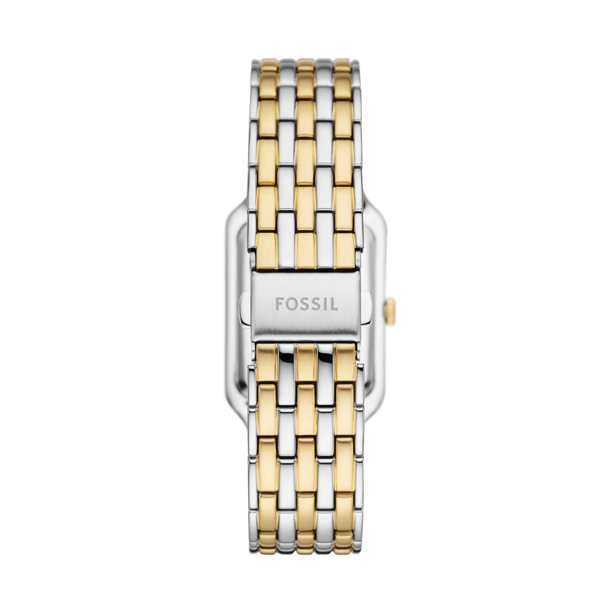 Rear view of the Fossil Raquel ES5305 timepiece detailing the folding clasp closure and two-tone stainless steel link bracelet