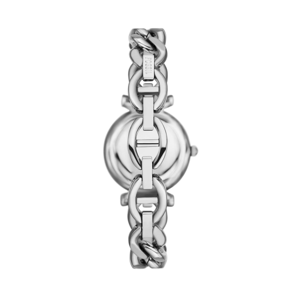 Ladies silver steel quartz wrist watch with round case and link bracelet