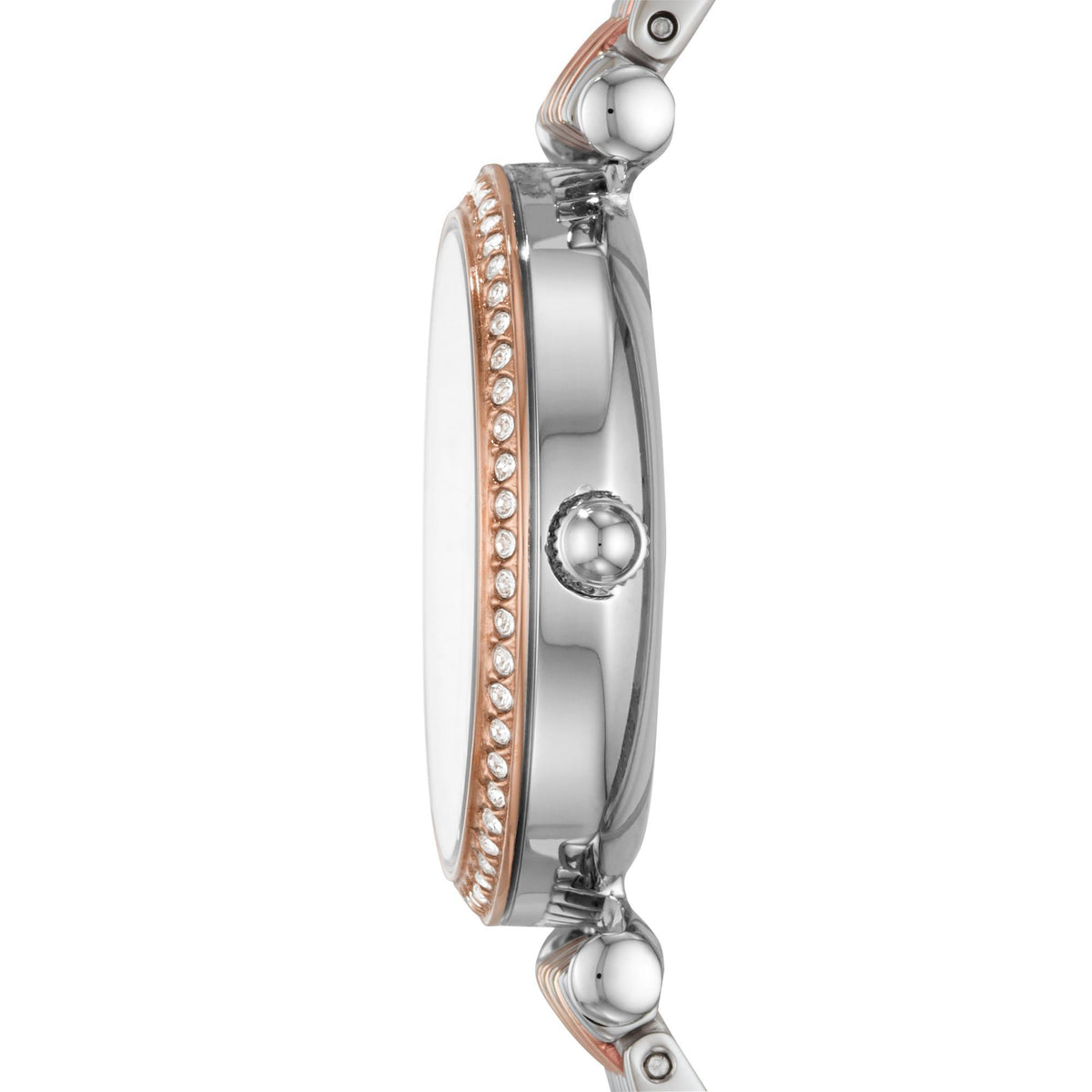 Ladies steel quartz watch side view, rose-gold tone crystal bezel and metal bracelet