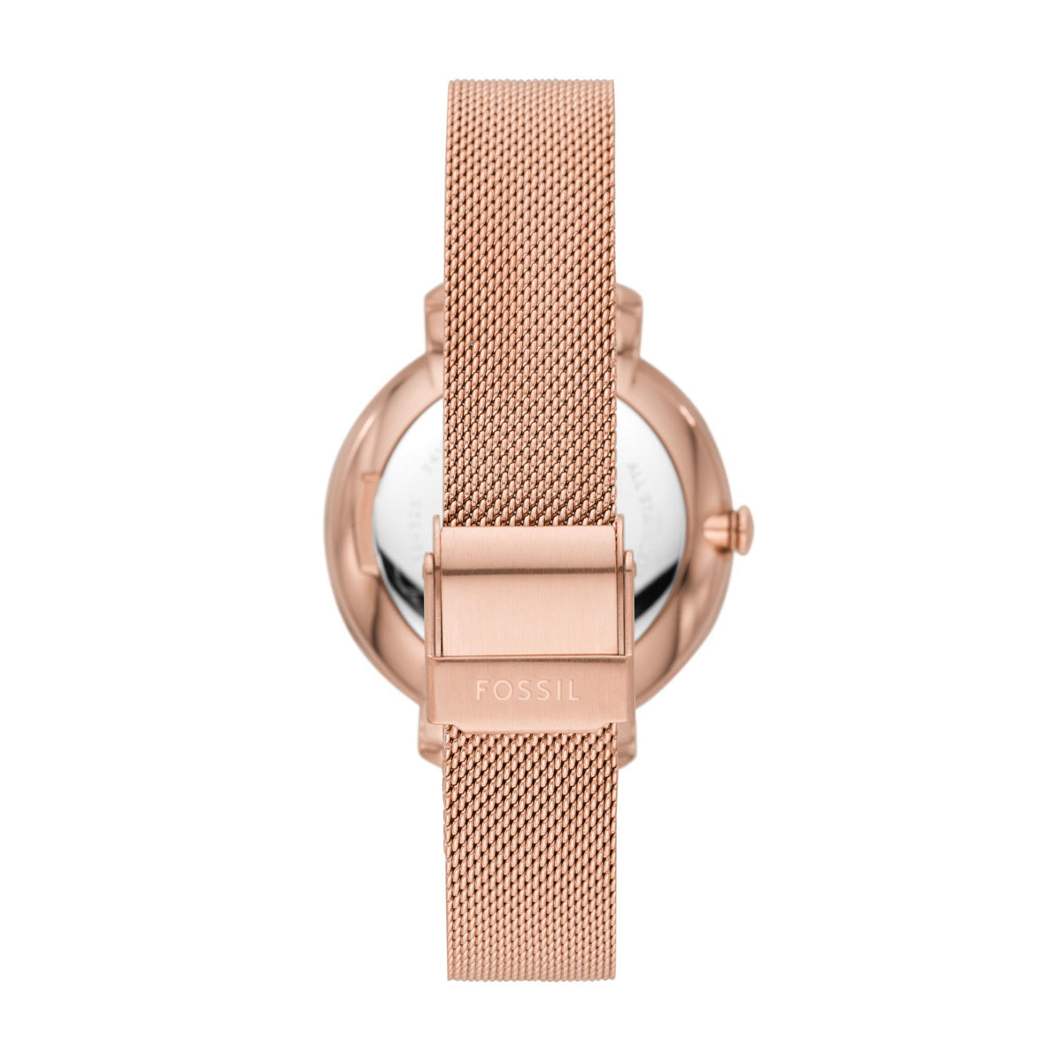 Rear view of the Fossil Jacqueline ES4628 ladies quartz watch highlighting the rose gold-tone mesh strap and signed sliding fold-over clasp