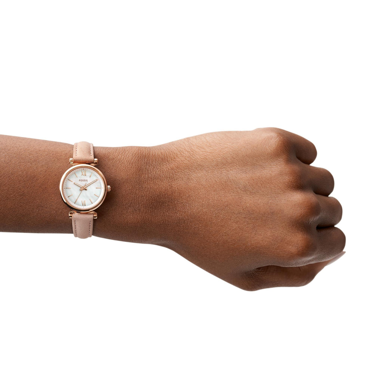 Fossil Carlie ES4699 model wearing a 28mm ladies quartz watch on wrist