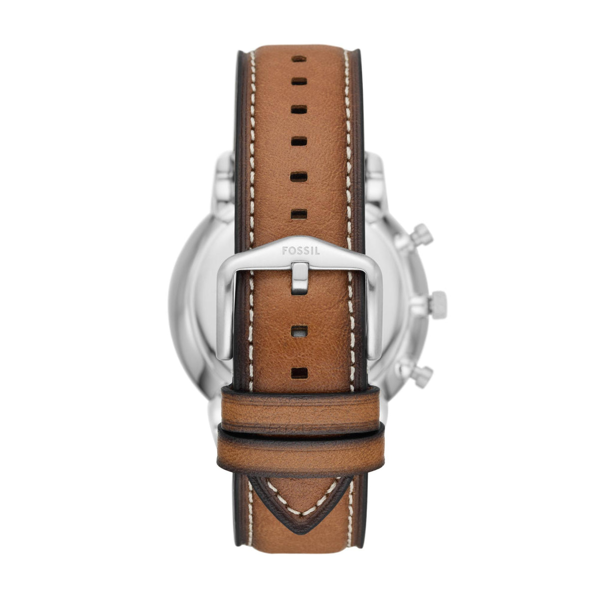 Fossil Neutra FS5963 rear view displaying engraved pin buckle clasp and stitched leather strap