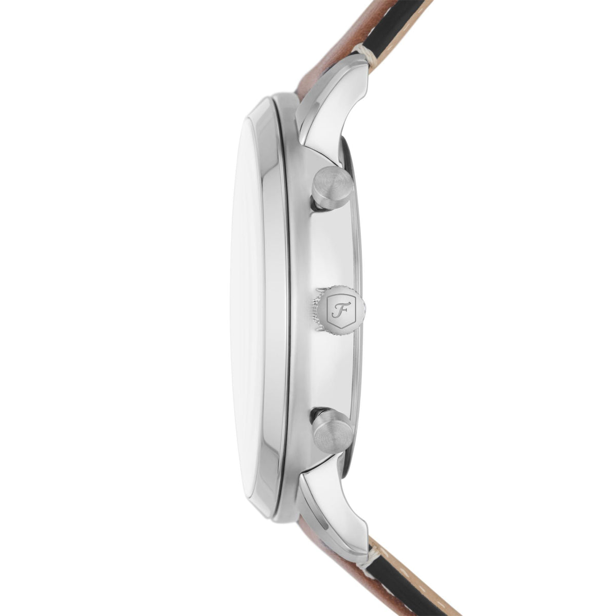 Fossil Neutra FS5963 side profile highlighting polished steel case, dual pushers, and engraved crown detail