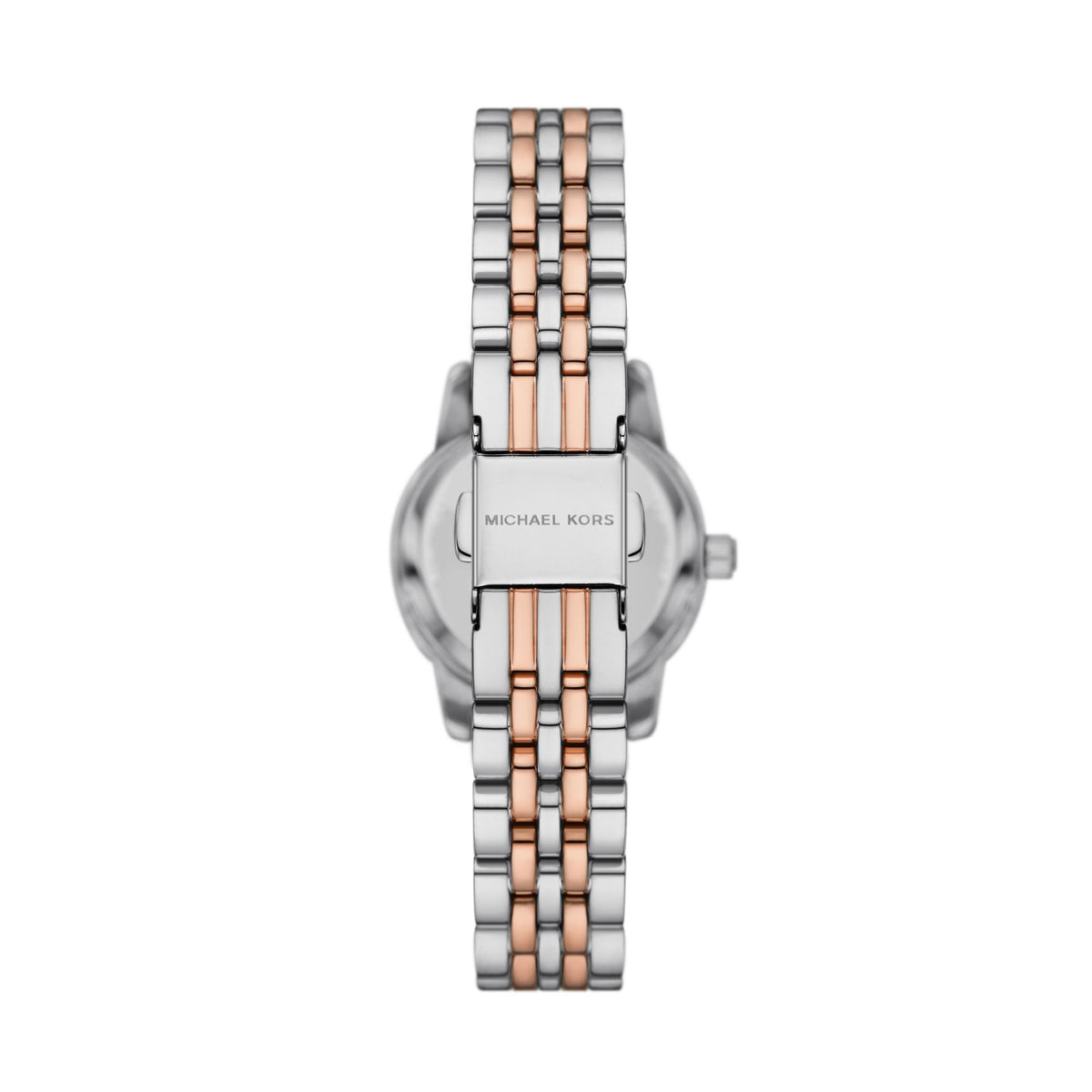 Michael Kors Lexington MK4817SET rear view displaying signature engraved deployment clasp on mixed tone steel strap