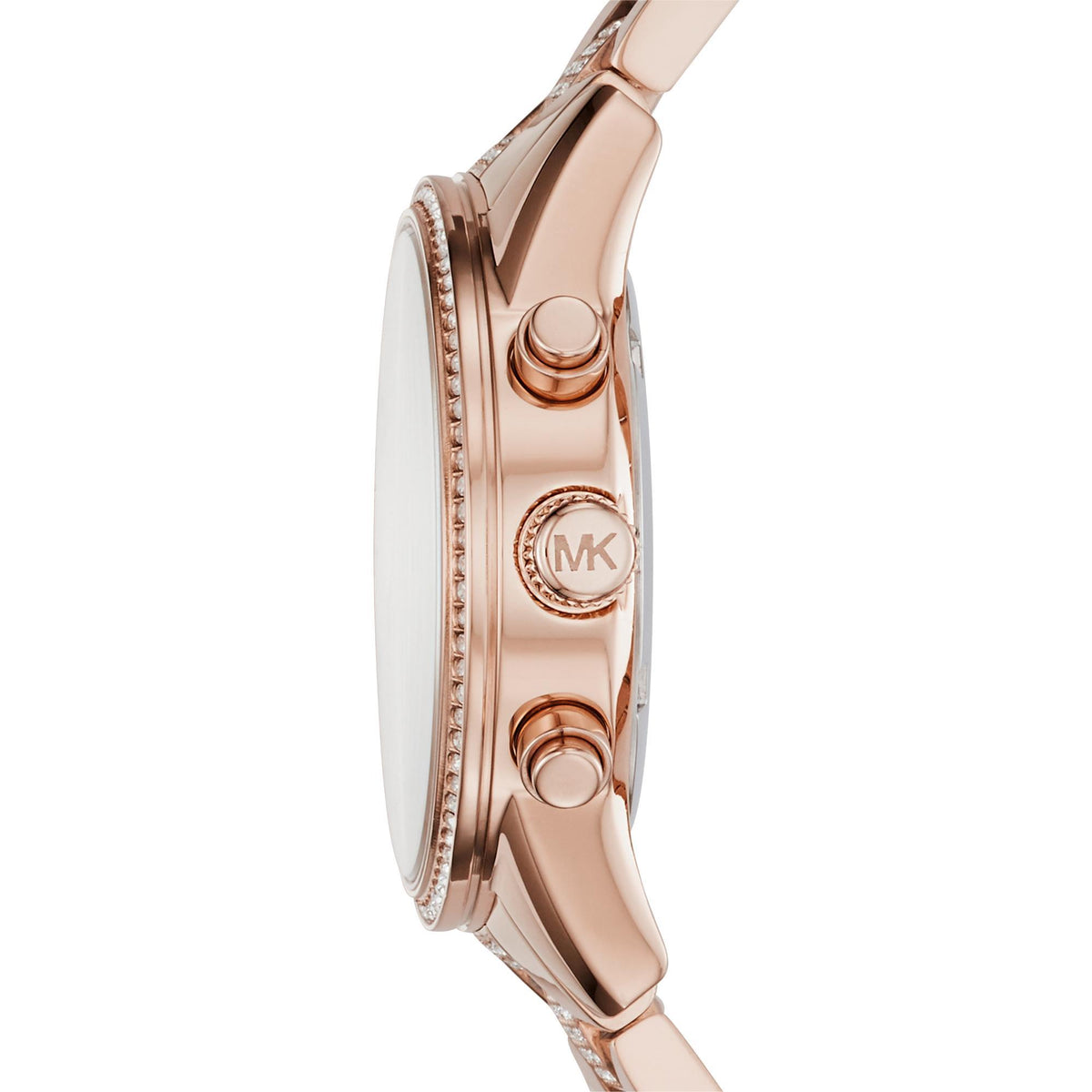 Michael Kors Bryant MK6485 side profile view featuring the polished rose gold tone case, crystal set bezel, chronograph pushers, and MK logo crown