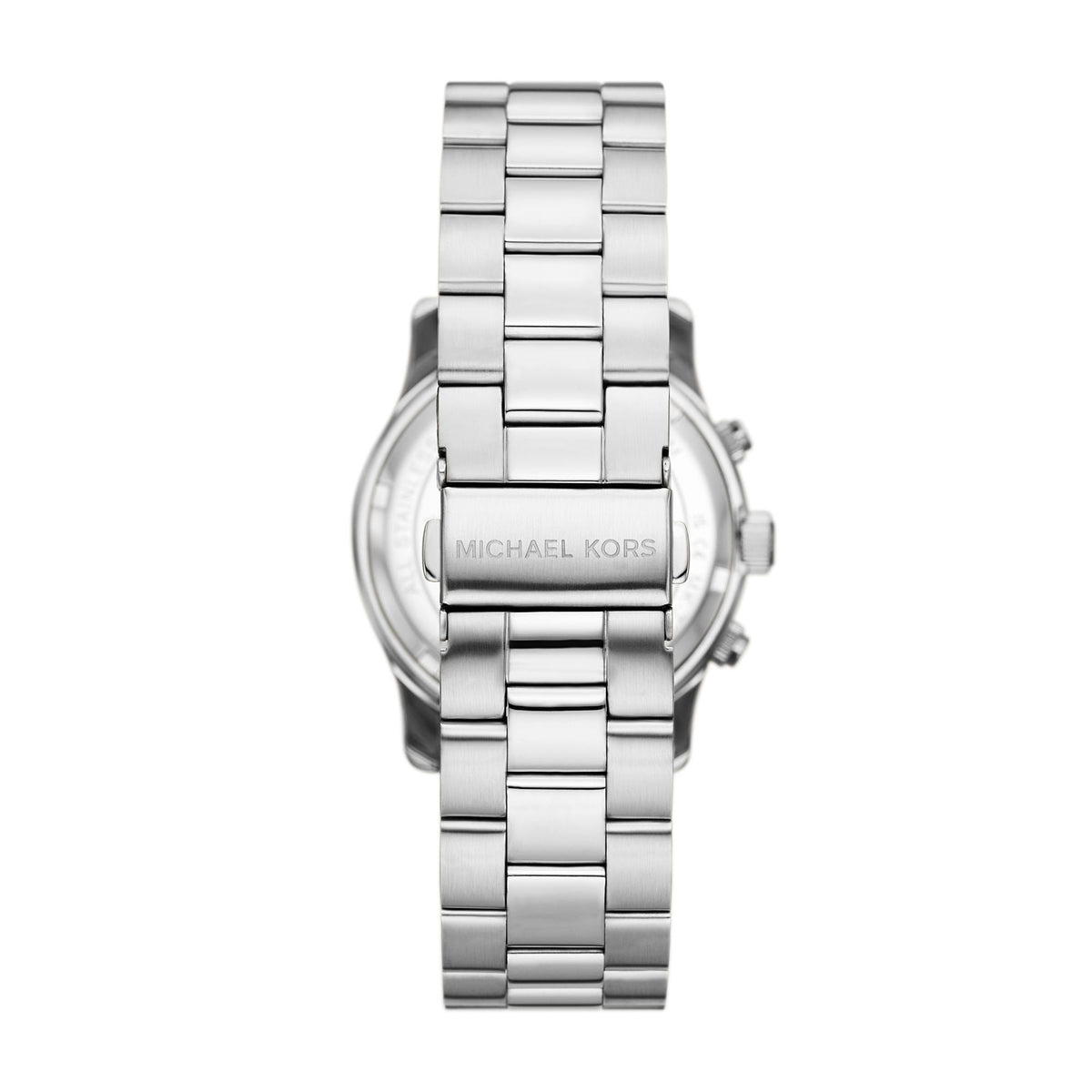 Michael Kors Runway Chronograph MK7325 rear view showing steel strap with engraved logo deployment clasp