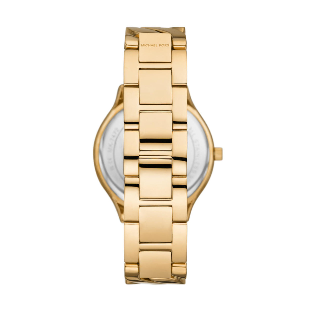 Women's gold-tone steel link watch with white dial and gold-tone bezel