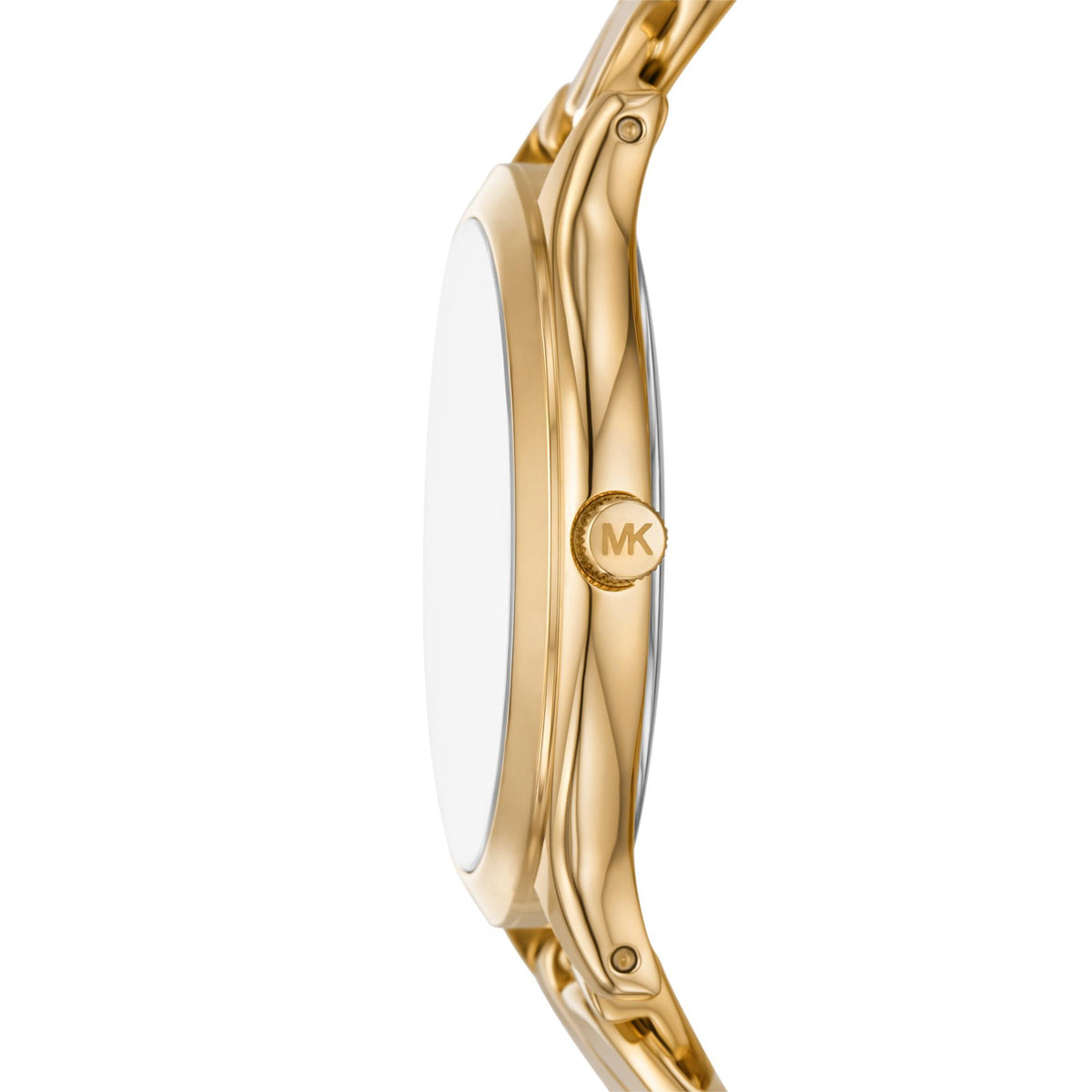 Gold-tone steel watch case and bracelet side view with MK logo detail