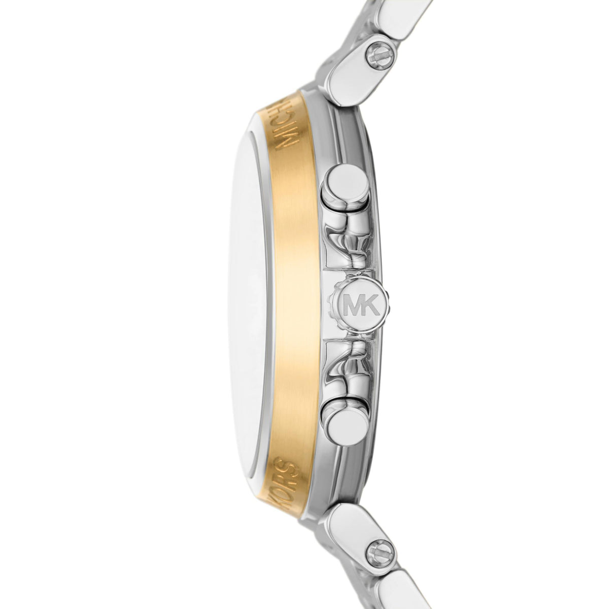 Michael Kors Maren MK7495 side profile view highlighting chronograph pushers and MK crown