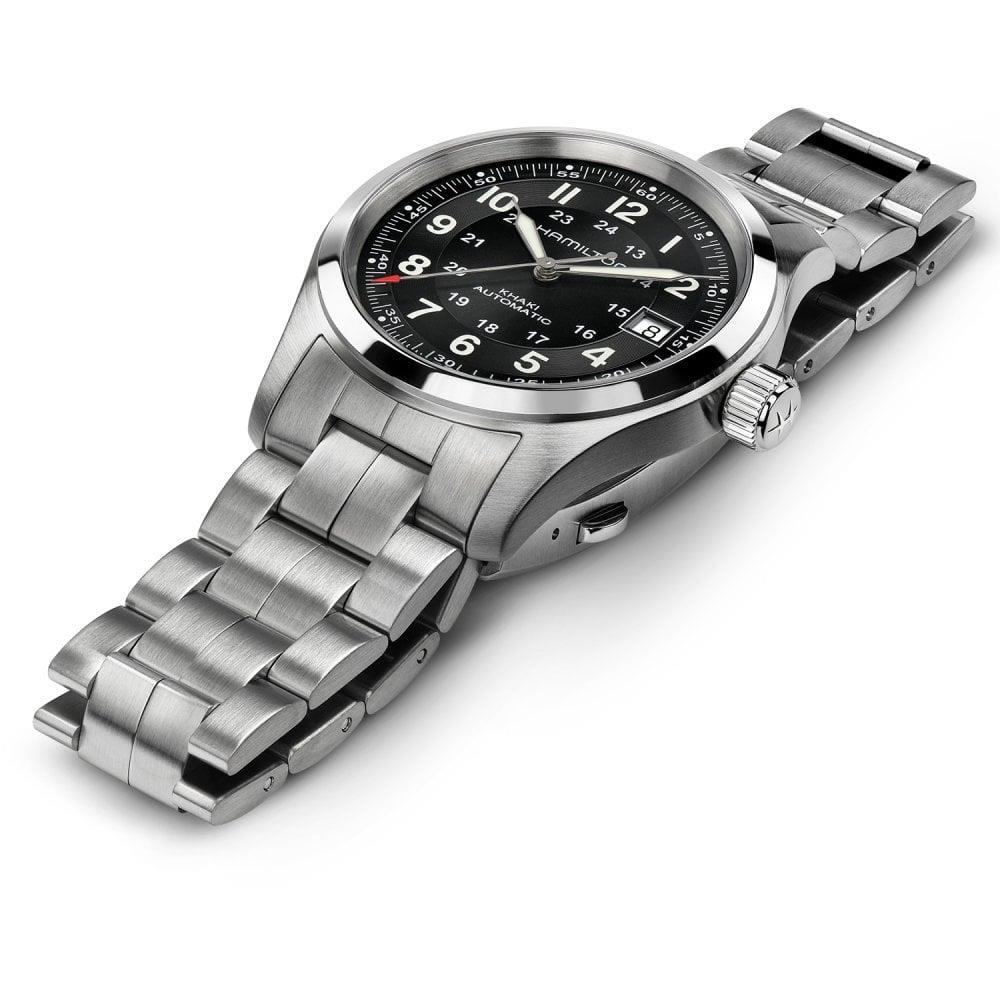 Angled view showing the linked steel bracelet, winding crown, and smooth bezel of the Hamilton Khaki Field H70455133