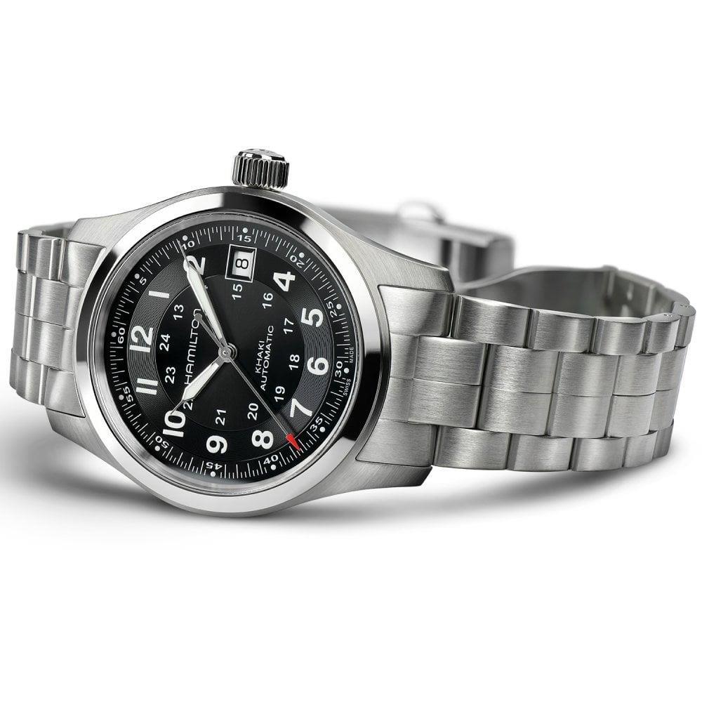 Side profile shot highlighting the metallic link strap and military 24-hour scale of the Hamilton Khaki Field H70455133