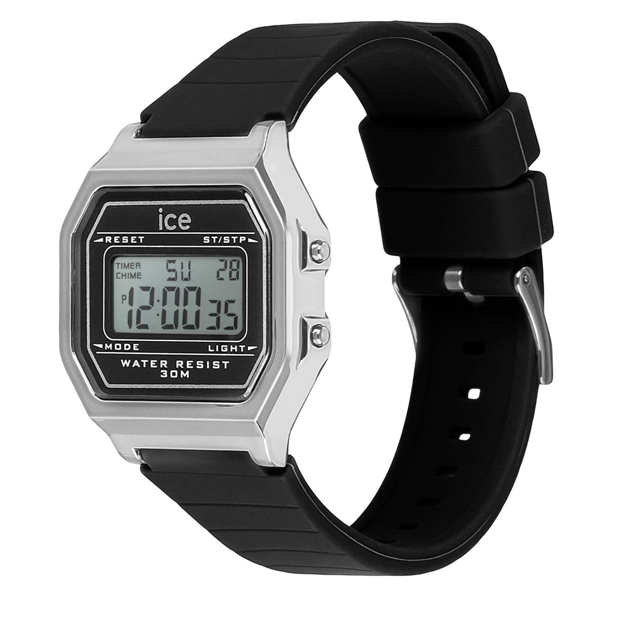 Digital retro watch with black silicone strap and silver case, angled LCD screen view