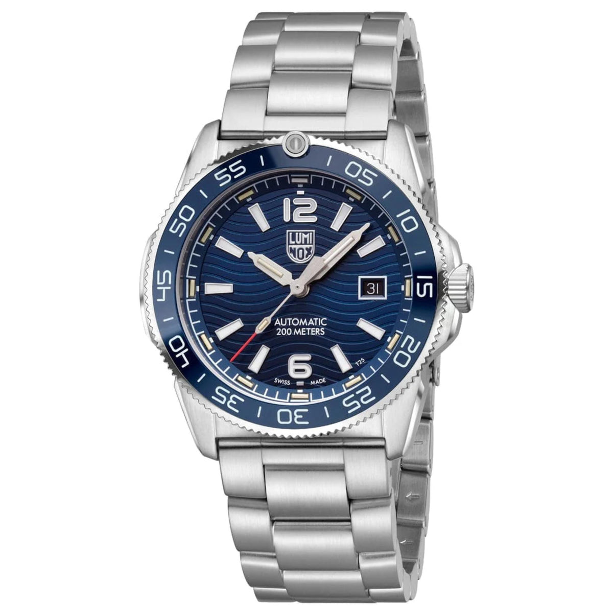 Stainless steel diver watch with blue dial, luminous markers, and date window at 3