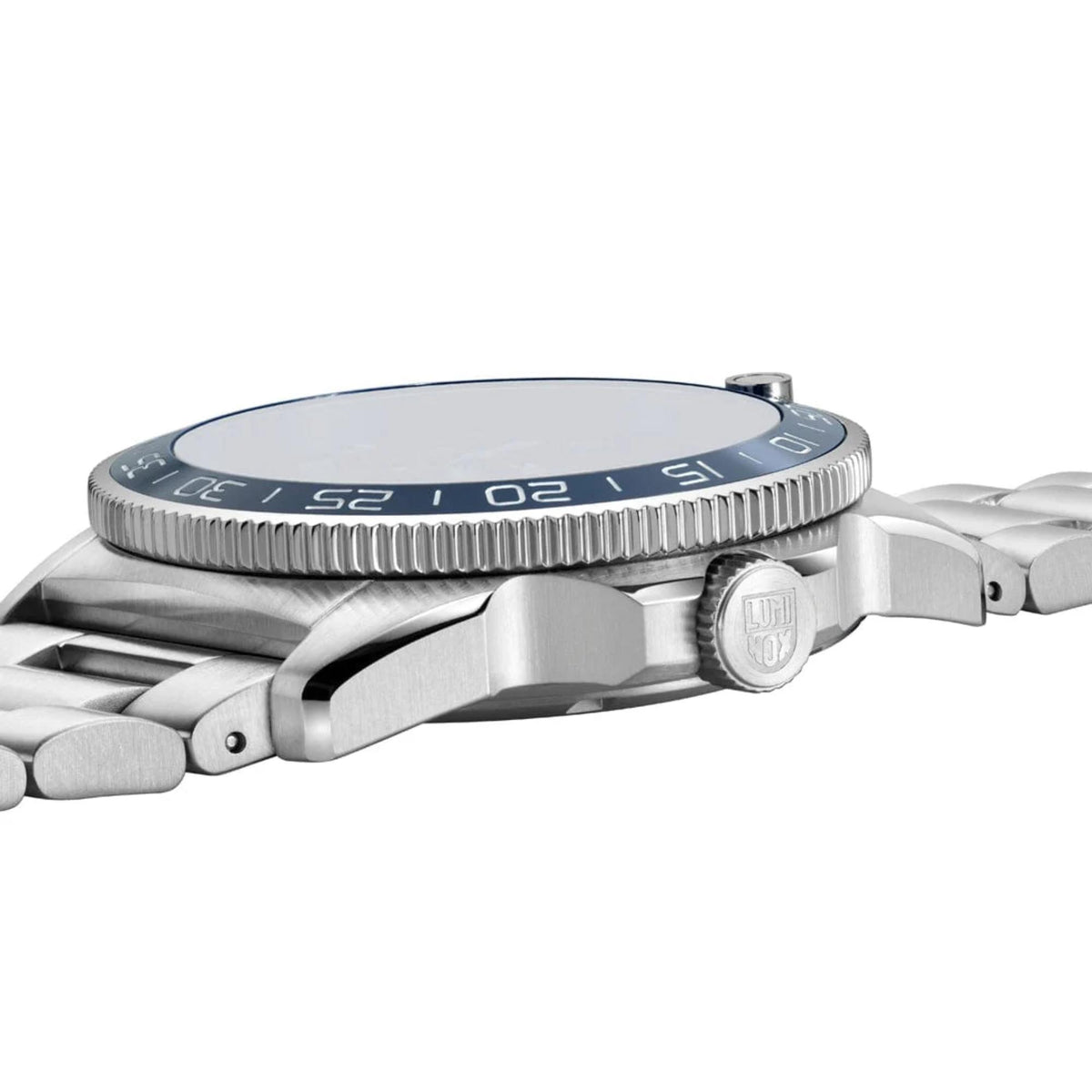 Stainless steel diver watch side view with ridged bezel and engraved caseback numbers