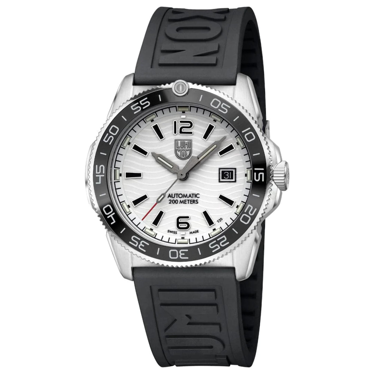 Luminox Pacific Diver automatic men’s watch with light dial, date window, and black rubber strap