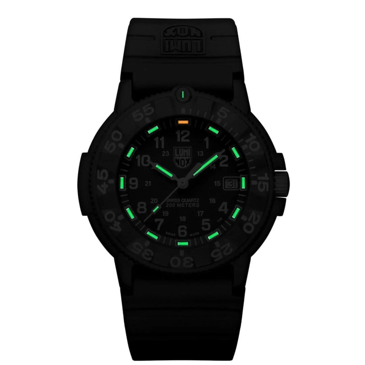 Luminox Navy Seal black dial rubber quartz watch, round case with green and orange lume