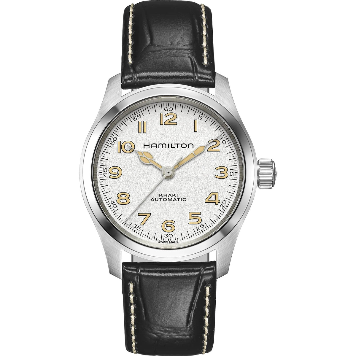 Hamilton Khaki Field 38mm Murph antique-white dial black leather automatic watch H70405710 front view