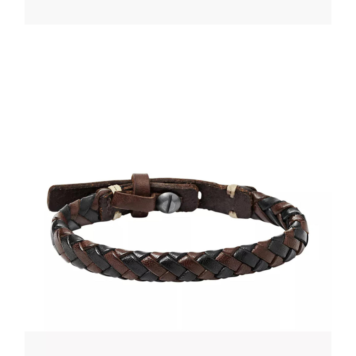 Brown and black braided leather mens bracelet with center strap and snap button clasp
