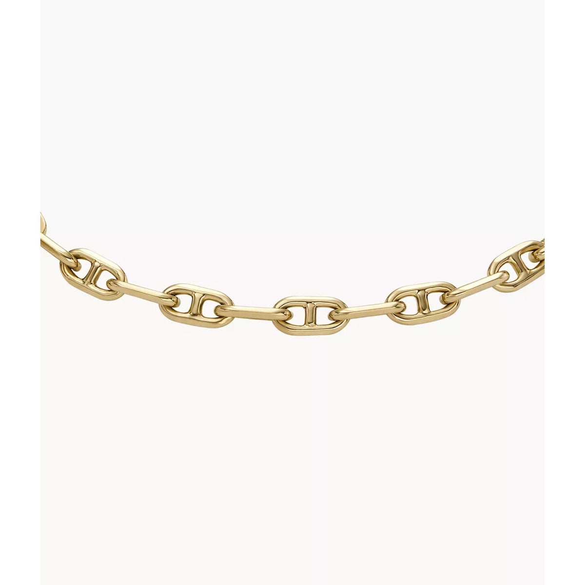 Gold-tone chain bracelet with decorative link pattern and mother-of-pearl crest charm