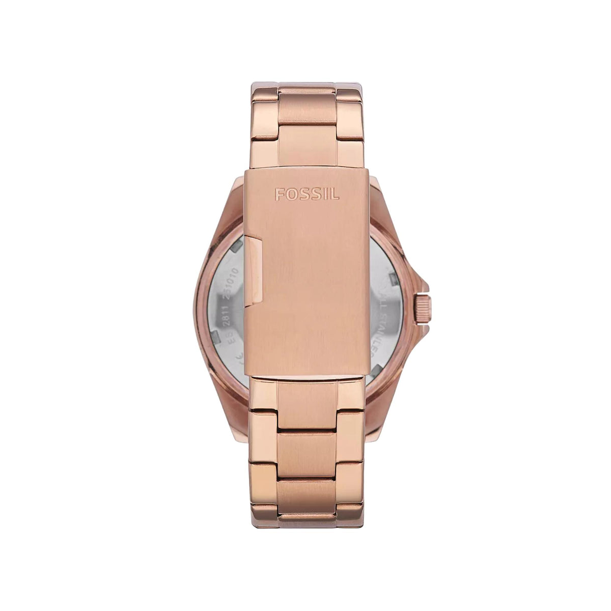 Rear view of the Fossil Riley ES2811 bracelet showing the rose gold-tone stainless steel folding clasp with engraved branding