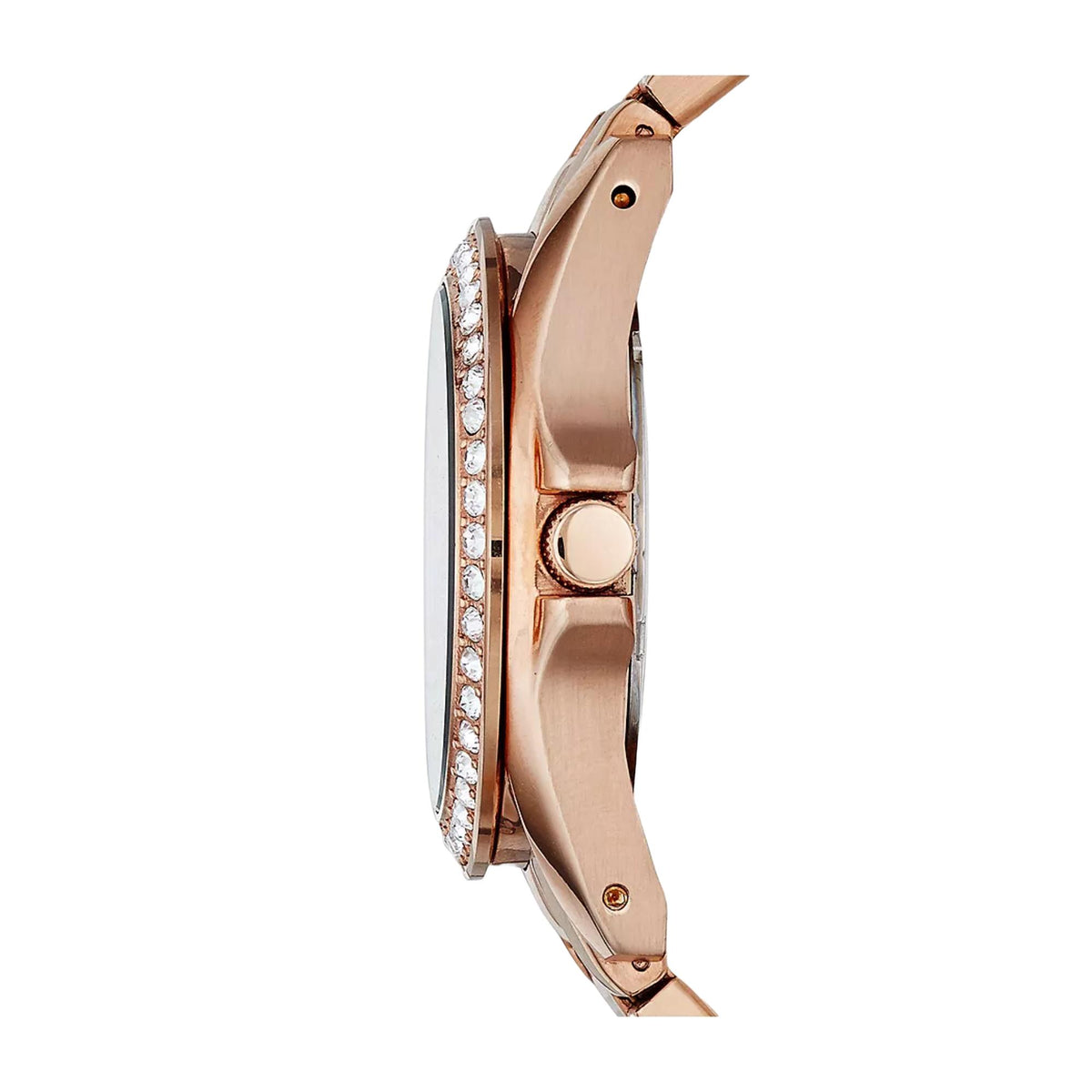 Side profile of the Fossil Riley ES2811 showcasing the rose gold-plated case, textured crown, and stone-set bezel detail