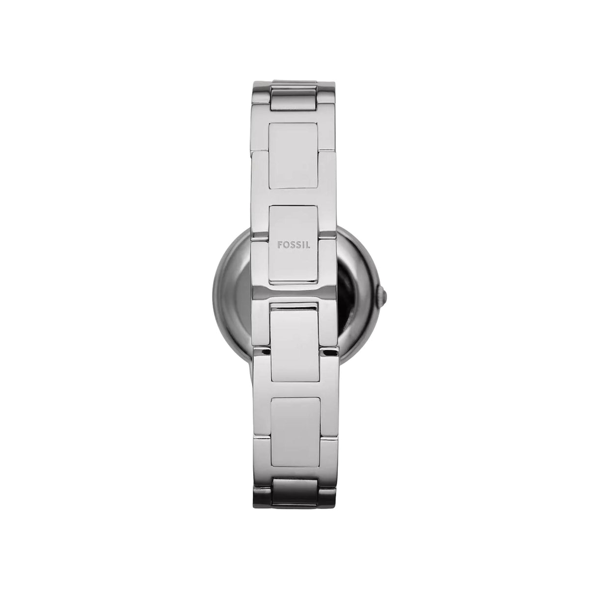 Rear perspective of the Fossil Virginia ES3282 timepiece, highlighting the stainless steel link band with an engraved brand logo clasp